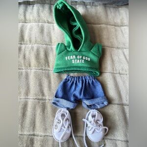 Labubu FOG Green Hoodie and Blue denim Shorts with white shoes.
